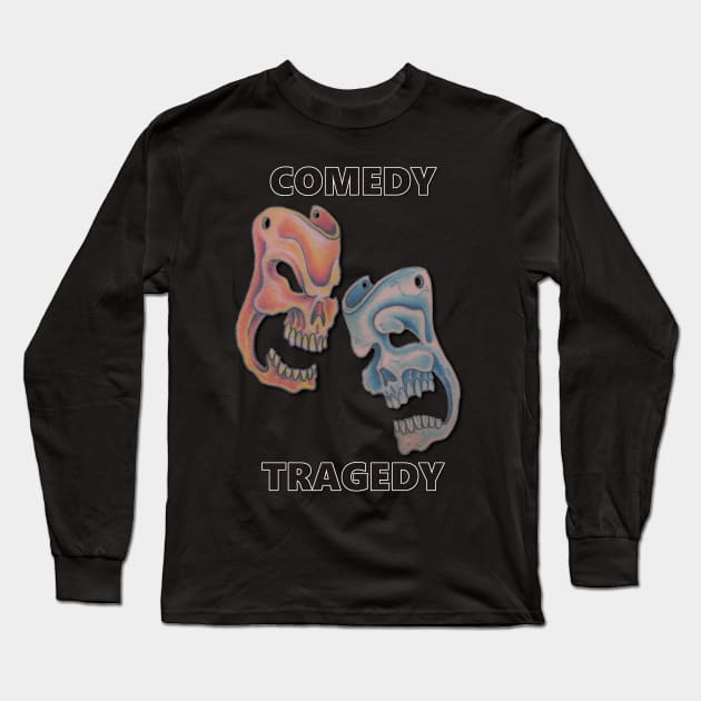 Comedy & Tragedy Dark Brown Letters Long Sleeve T-Shirt by AJ Leibengeist